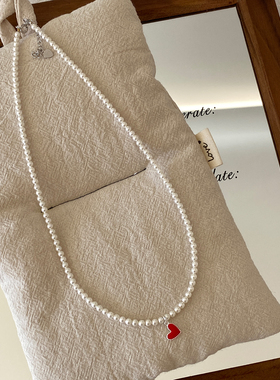 大米饰品】珍珠项链s925纯银红色爱心滴釉吊坠锁骨链小众高级颈链