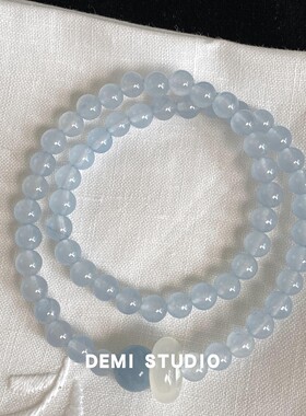 新品88折】清透水晶海蓝宝手串淡水珍珠简约气质双圈手链叠戴手饰