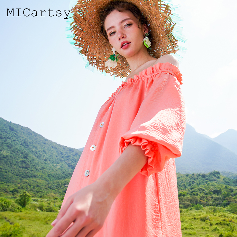 MICartsy王紫珊夏季新款手工钉珠珠花粉橘一字肩连衣裙女原创小众-图2