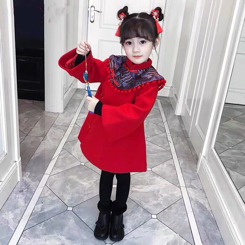 女童连衣裙冬装儿童拜年服中国风古装汉服红色喜庆演出服新年裙