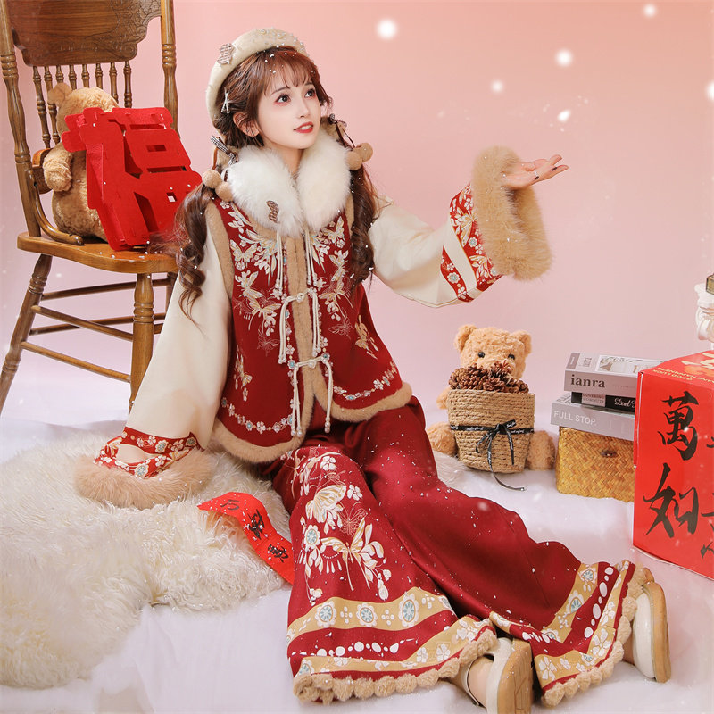 雪绒蝶新中式汉元素汉服女2025新款原创冬季加厚改良比甲日常套装,淘宝优惠券,粉丝福利购,淘宝优惠卷