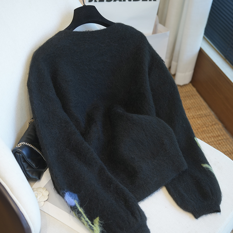 虫小小 灯笼袖温柔提花刺绣羊驼毛圆领针织衫女毛衣外套秋冬A58Q - 图2