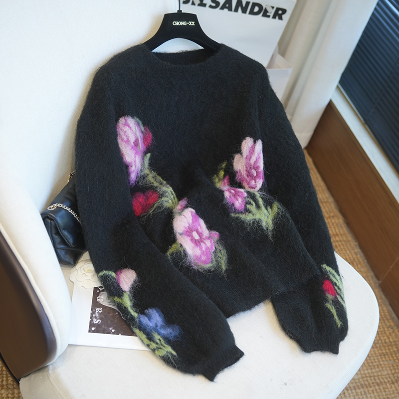 虫小小 灯笼袖温柔提花刺绣羊驼毛圆领针织衫女毛衣外套秋冬A58Q - 图1