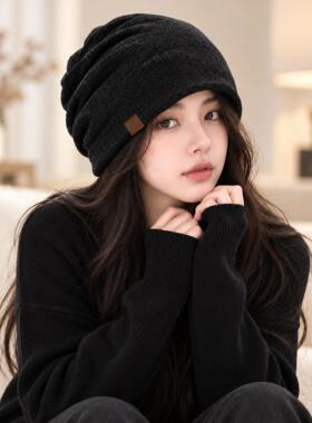 冷帽毛线帽大头围月子帽女秋冬宽松保暖针织小众黑色包头帽堆堆帽