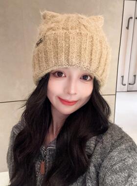 猫耳朵毛线帽子女秋冬季新款日系保暖可爱针织帽韩版休闲百搭冷帽