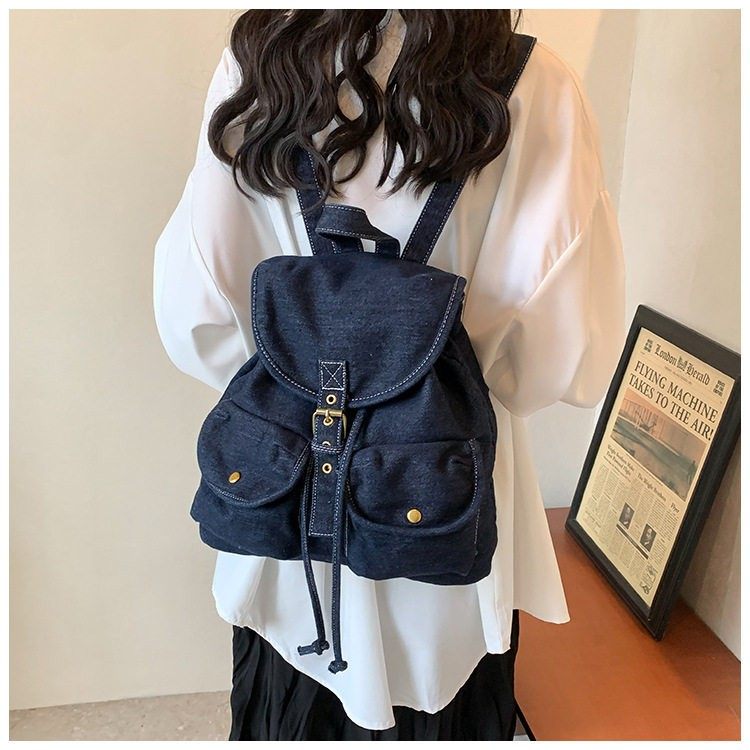 韩系牛仔布双肩包女新款大容量多口袋手提水桶包学生通勤旅行背包,淘宝优惠券,粉丝福利购,淘宝优惠卷