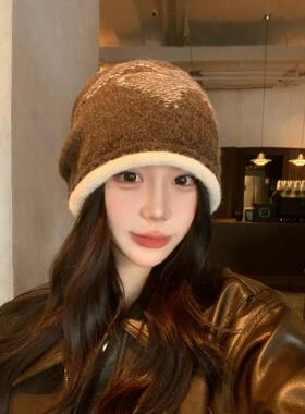 韩版撞色针织帽女秋冬保暖毛线帽子柔软舒适堆堆帽简约百搭冷帽