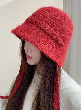 韩版百搭宽檐绑带帽子女秋季新款显脸小保暖渔夫帽时尚针织帽盆帽