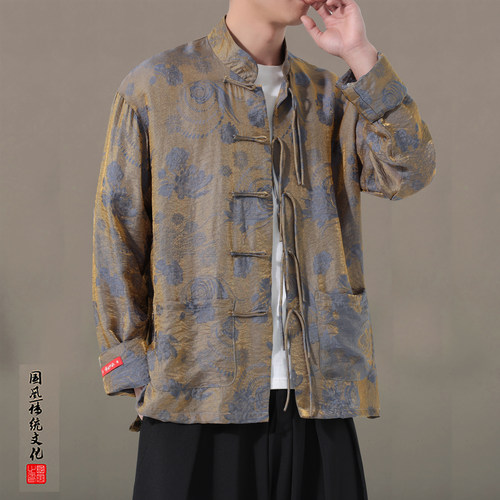 春夏薄款中国风男装衬衫新中式浮光锦缎提花长袖衬衣外套复古立领 - 图3