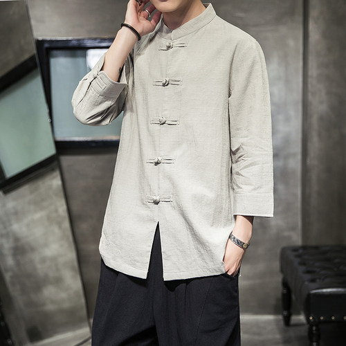 唐装男款春季中国风中式七分袖衬衫中老年男老头练功服禅服居士服 - 图0