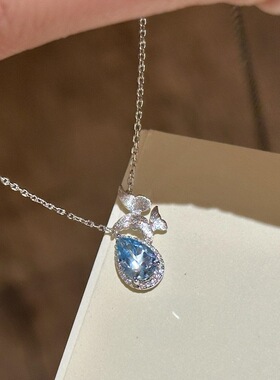 复古新中式银色拉丝蝴蝶海蓝宝水滴吊坠项链轻奢高级感超仙