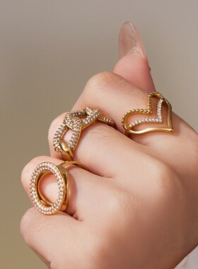 谜丽 欧美不锈钢满锆爱心圆环开口戒指组合个性PVD电镀不掉色尾戒