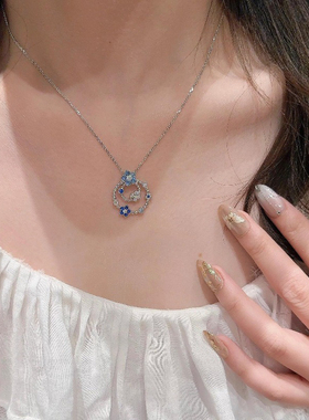 法式复古奢华高端设计渐变蓝色双圈花朵项链时尚感甜美精致锁骨链