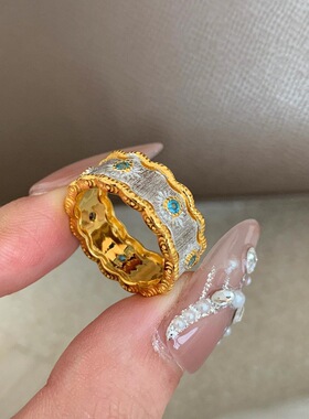 Vintage中古分金海蓝宝排钻戒指铃兰花项链镂空小众设计气质套装