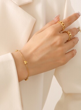 韩系甜美风个性百搭桃心项链女小众设计爱心手链钛钢镀金首饰套装