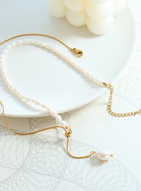 欧美轻奢风淡水珍珠钛钢镀金蛇骨项链时尚个性项链手链妈妈款饰品