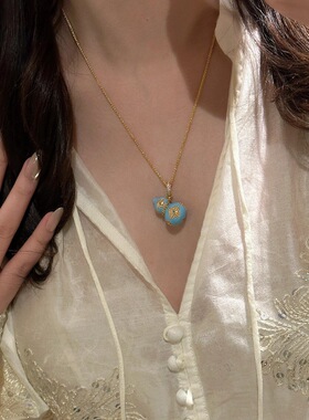 复古新中式国风蓝色滴釉珐琅四叶花葫芦吊坠项链时尚精致感锁骨链