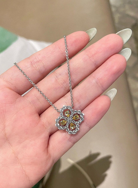 法式轻奢高级千金感四叶草满钻海蓝宝黄钻项链小众精致气质锁骨链