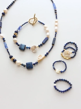 手工饰品国风青金石天然石串珠项链淡水珍珠锁骨链手链戒指合集