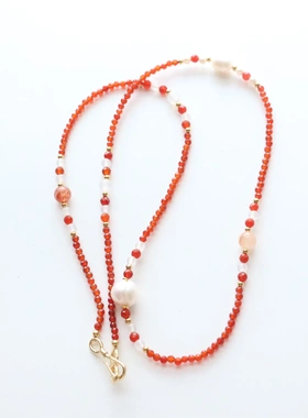 国风创意手工红玛瑙毛衣链红胶花串珠项链原创设计复古百搭长颈链
