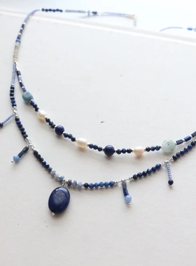 天然青金新中式双层项链女高颜值百搭小众串珠项链蓝色复古风锁骨