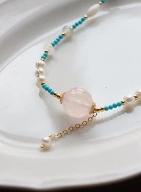 新中式国风项链小众松石绿单珠粉水晶长款国风旗袍项链