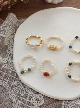 天然淡水珍珠蓝晶石翡翠戒指原创手作巴洛克高级感串珠米珠约指