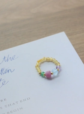 糖果色马卡龙金发晶玉髓戒指女小众设计感ins风黄粉绿紫串珠指环