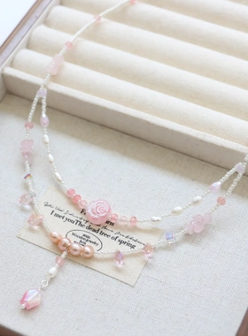 LO娘同款BLINGBLING进口捷克珠粉嫩珍珠项链双层颈链心锁骨链