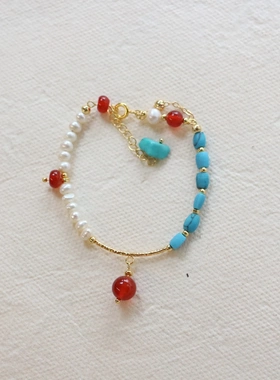 敦煌国风配色手串红玛瑙绿松吊坠流苏手链多维设计手链