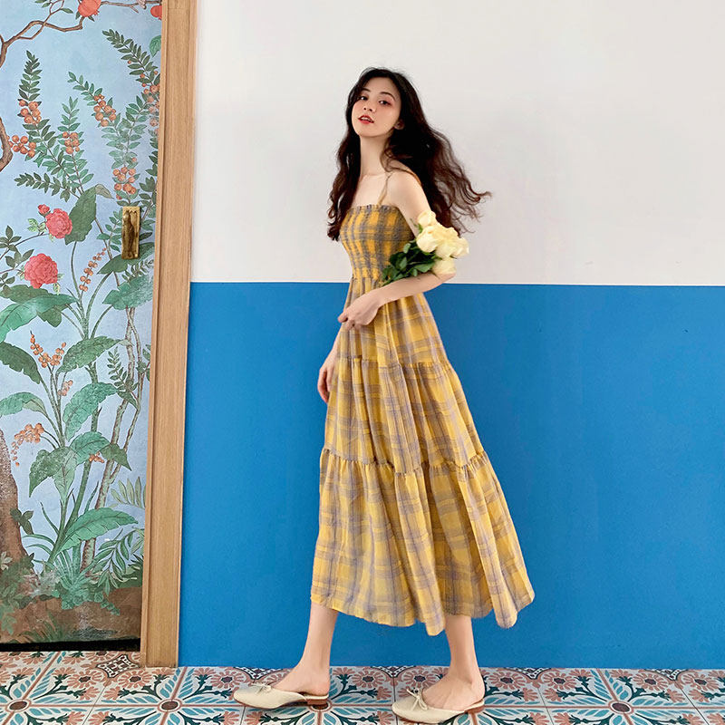 格子吊带连衣裙女2020长裙 魅雯儿连衣裙
