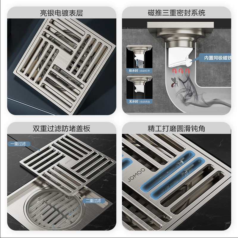 九牧卫浴卫生间铜合金地漏下水道防虫防臭盖内芯洗衣机枪灰大流量 - 图2