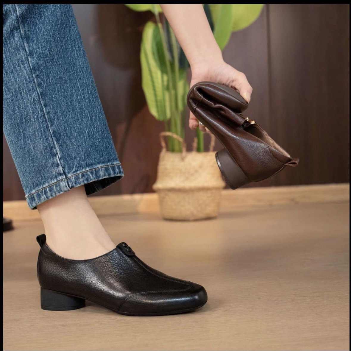 品牌女士真皮单鞋2025秋季新款法式复古深口低跟休闲方头小皮鞋,淘宝优惠券,粉丝福利购,淘宝优惠卷