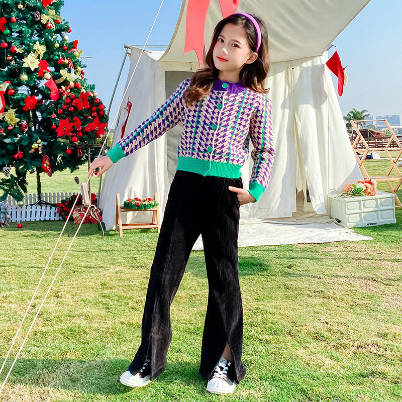 春秋新款加绒外穿雪尼尔潮女童裤子 蓝色乐谷裤子