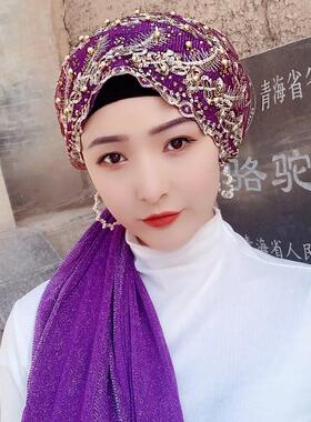 民族风回包头纱巾方便羽毛绣花帽