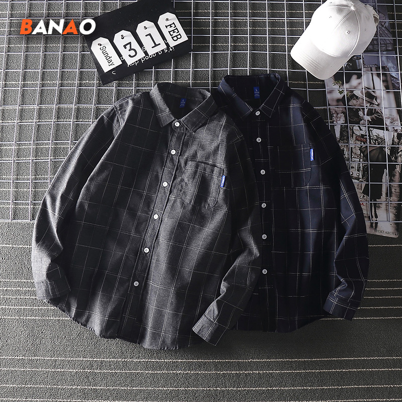 日系潮牌格子港风长袖宽松ins衬衫 班傲衬衫