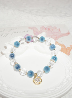 天然白水晶蓝色糖心玛瑙星星金色手链手串时尚饰品送女生日礼物