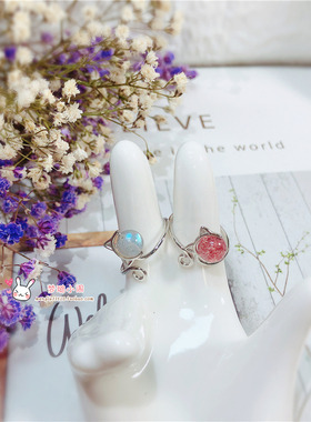 纯银草莓晶月光石甜美风猫咪戒指