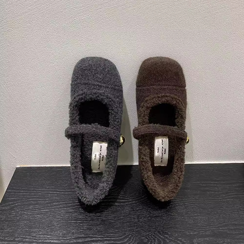 法式平底加绒单鞋保暖棉鞋女2025秋冬季新款一字带玛丽珍鞋毛毛鞋 - 图0