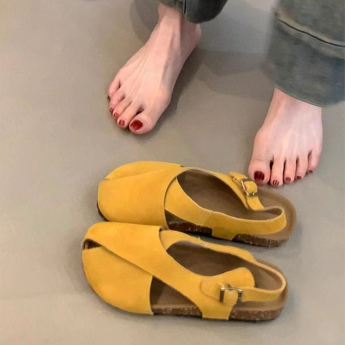 复古厚底显白交叉带勃肯包头凉单鞋女一字带扣圆头磨砂皮平底凉鞋 - 图3