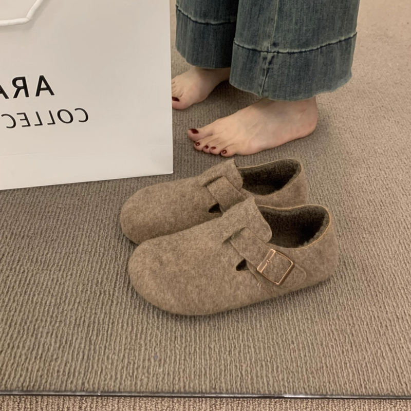 复古毛毡加绒勃肯鞋女2025秋冬新款加绒一脚蹬保暖棉鞋毛呢乐福鞋 - 图1