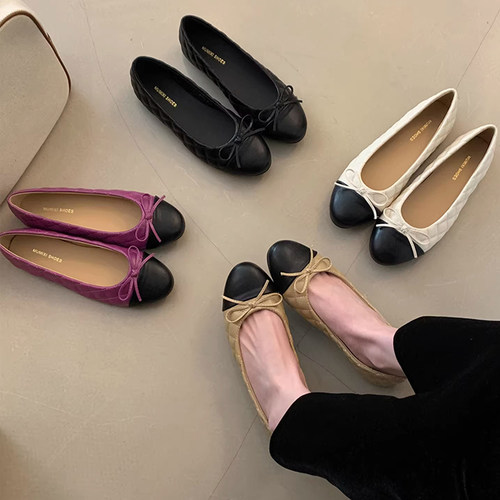 小香风蝴蝶结平底单鞋女2026春季新款浅口一脚蹬晚晚通勤芭蕾舞鞋 - 图0