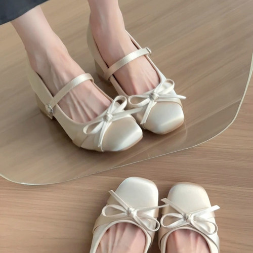 内增高7cm绸缎面蝴蝶结玛丽珍女2025新款法式粗跟单鞋高跟芭蕾鞋 - 图2