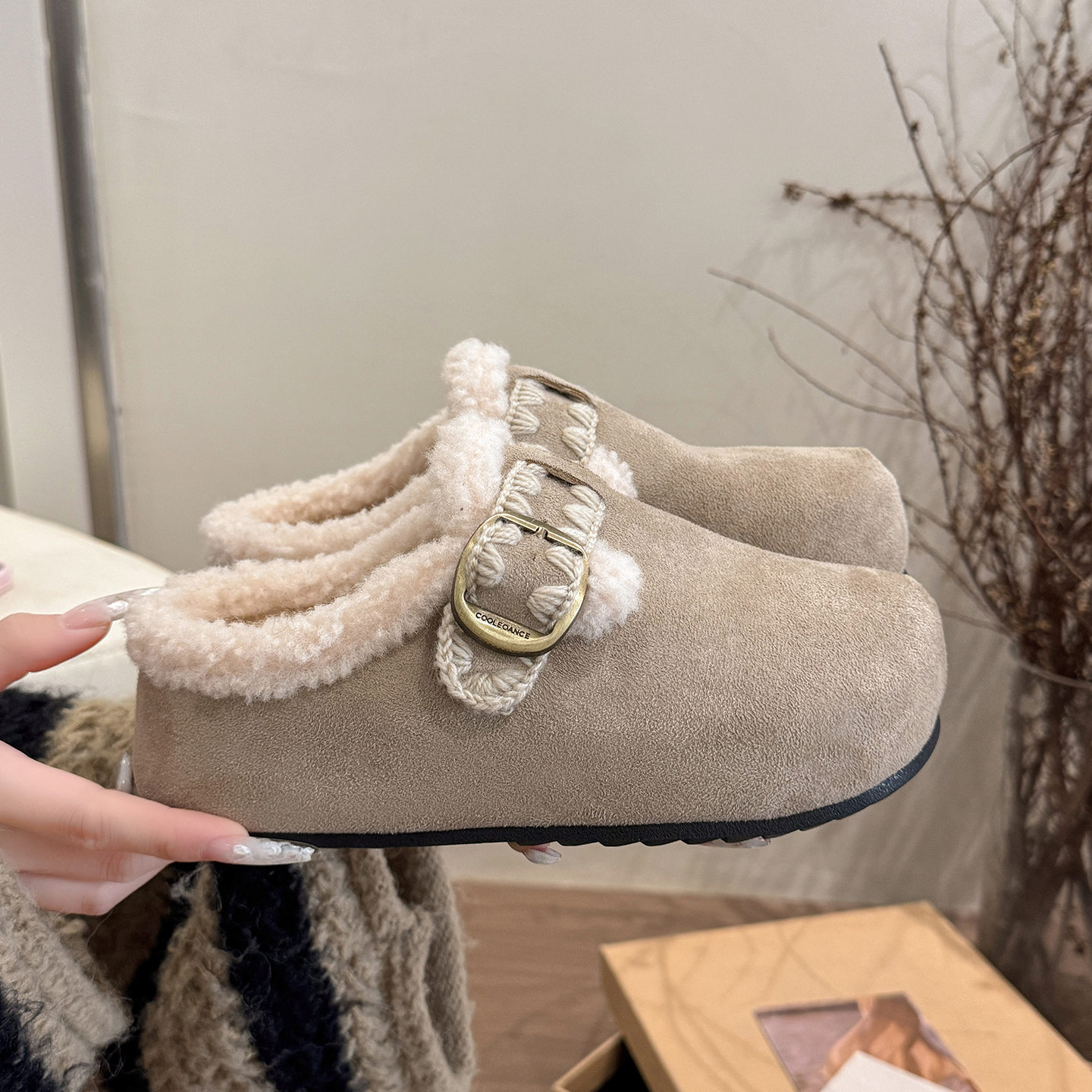 毛毛鞋厚底内增高加绒勃肯鞋包头半拖鞋女款2025新款秋冬季棉拖鞋 - 图3