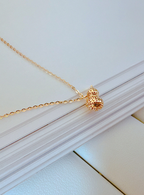 纯14K金镂空葫芦素骨链 宝葫芦素金简约黄金项链女款真金首饰