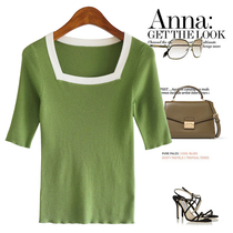 Closed eye color explicit white and good lap pure wool green hit color square collar slim fit sweater blouse