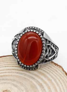 饰品复古天然红玛瑙纯银做旧男戒