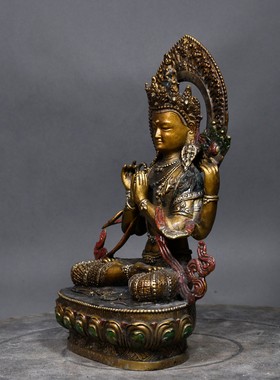 铜器收藏黄铜纯铜彩绘鎏金四臂观音度母佛尼泊尔佛像密宗藏传观音