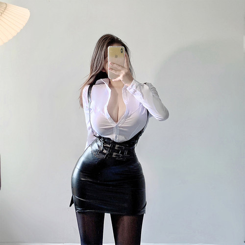 超短裙无内衬黑色包臀套装PU皮OL秘书御姐制服女纯欲风 - 图2