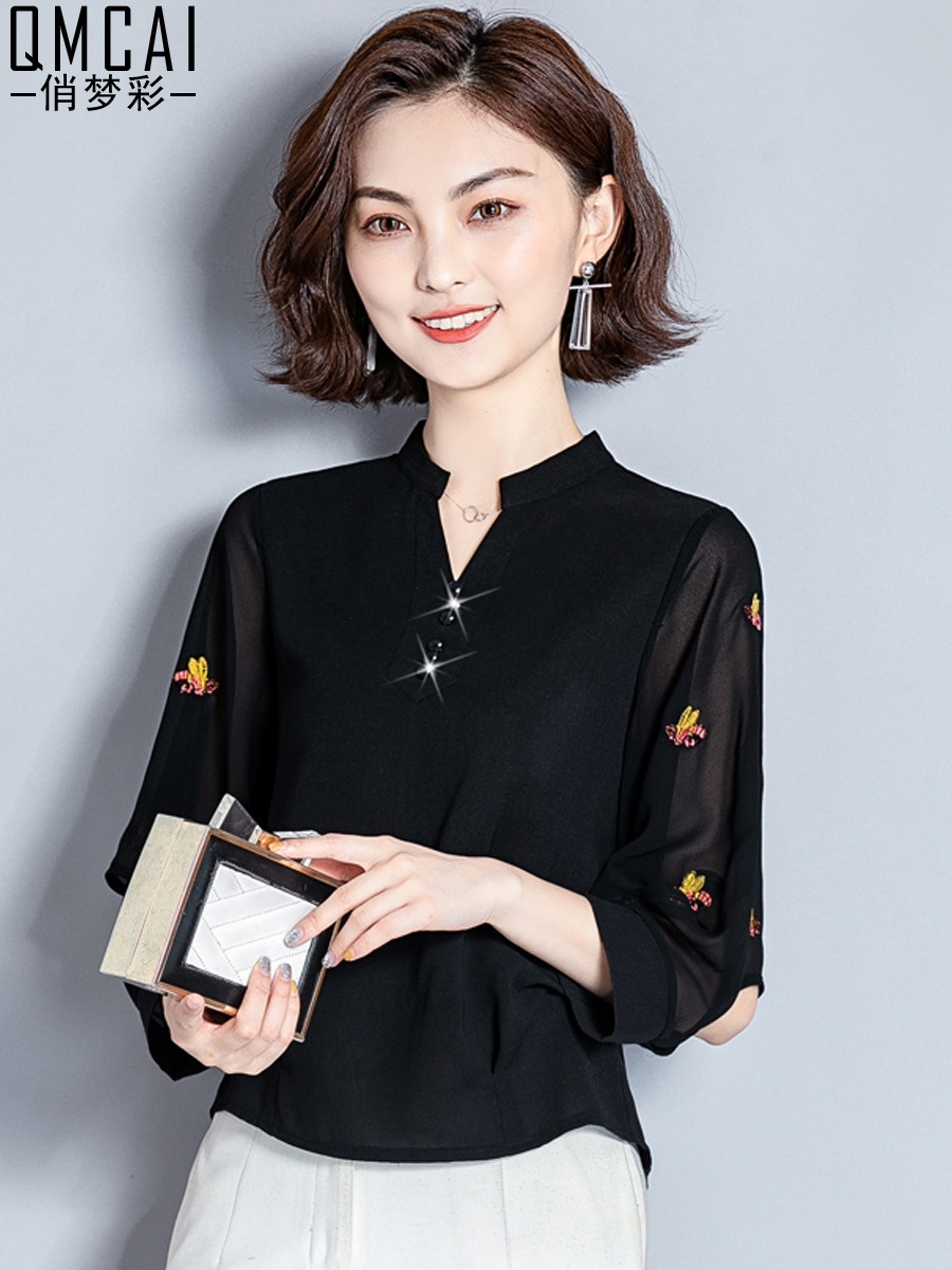 俏梦彩旗舰店春夏新款不显肚子雪纺衬衫女士洋气短款衬衣刺绣花七分袖上衣1